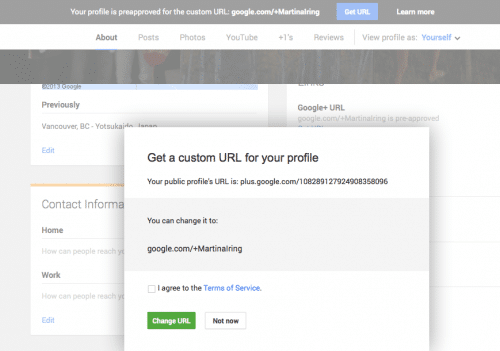 how to get custom url for google plus business page